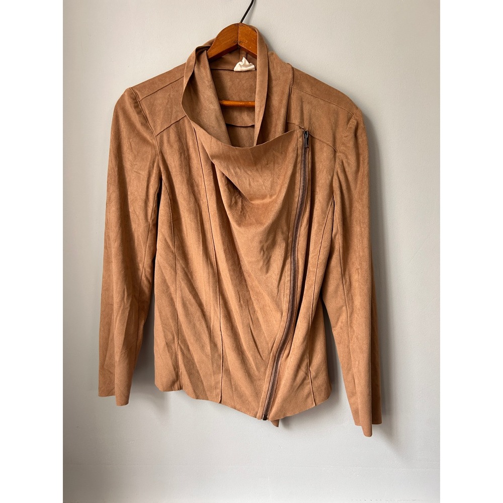 Mote Womens Tan Faux Suede Asymmetric Zip Moto Jacket Small Camel Draped Collar